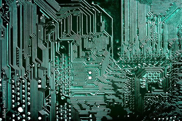 Fototapeta Circuit board. Electronic computer hardware technology. Motherboard digital chip. Tech science background. Integrated communication processor. Information engineering component.