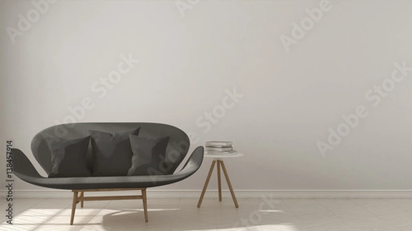 Fototapeta Scandinavian minimalistic background, with gray sofa on herringbone natural parquet flooring, interior design