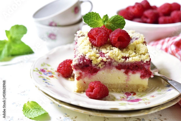 Fototapeta Cake with cottage cheese,raspberry and streusel.