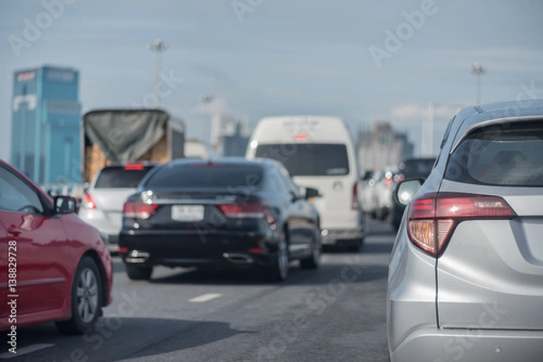 Fototapeta Traffic jam with row of cars on exprees way