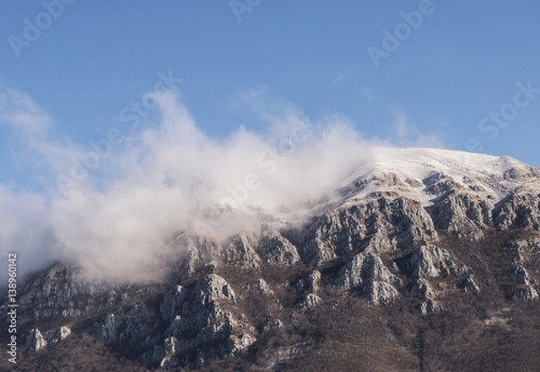 Fototapeta Rocky mountain plain top with  two telecommunication towers