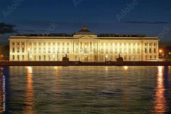 Fototapeta Academy of Arts on the river Neva at night in St Petersburg, Russian Federation