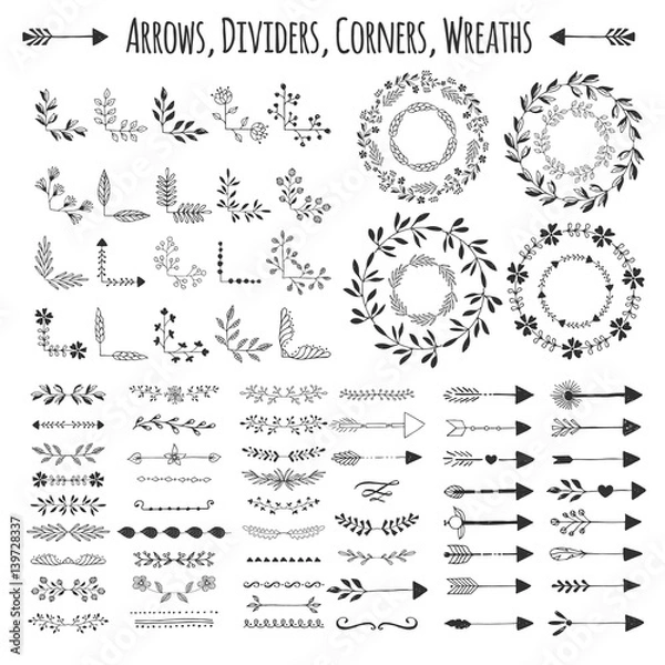 Fototapeta Set of vector arrows, wreaths, corners and dividers. Hand drawn design elements.