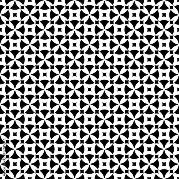 Fototapeta Vector seamless pattern, abstract ornamental background. Simple black & white geometric figures, crosses, squares, rhombuses. Repeat monochrome texture. Design for prints, decoration, textile, cloth