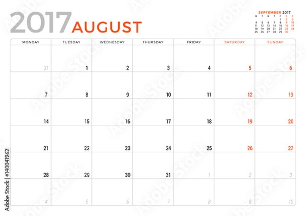 Fototapeta Calendar Planner for August 2017 Year. Vector Design Template. Week Starts Monday. Stationery Design