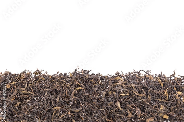 Fototapeta Heap of dried green tea leaf. Studio shot isolated on white