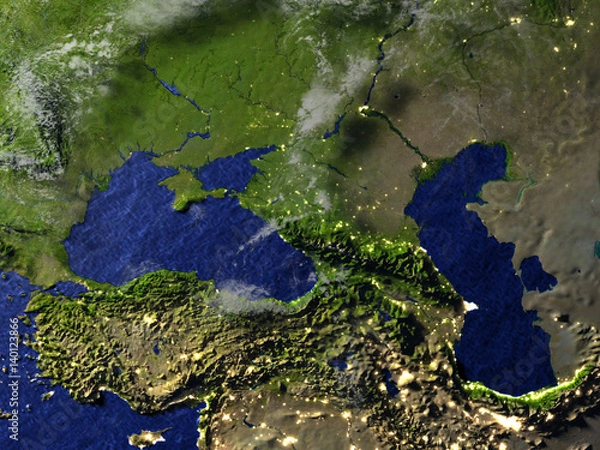 Fototapeta Caucasus region at night on realistic model of Earth