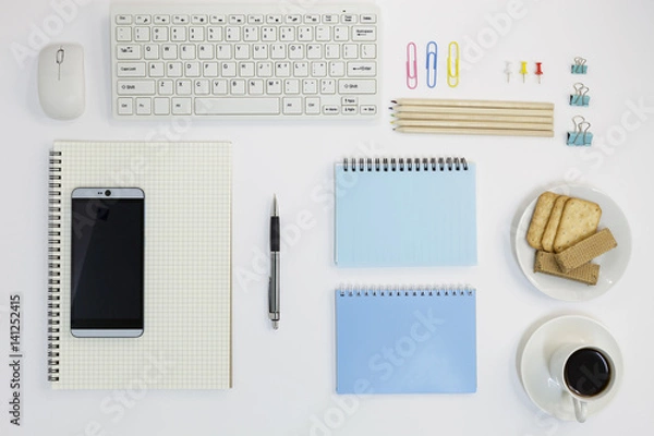 Fototapeta Office desk table of Business workplace and business objects.