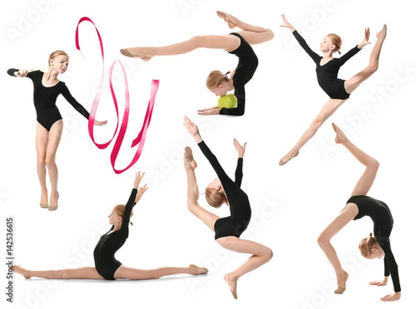 Fototapeta Girl doing gymnastics exercises on white background