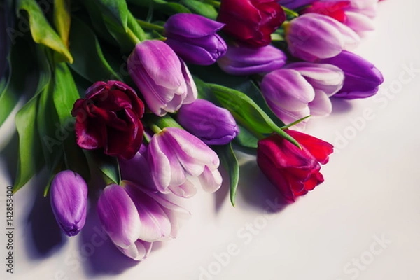 Obraz Colorful tulips lie on table in living room. Close-up of a bouquet of tulips on a light background. Beautiful bouquet of colorful tulips. Macro shot. Spring time, Happy Mothers Day