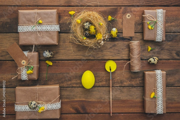 Fototapeta Easter handmade decorations over wooden background 