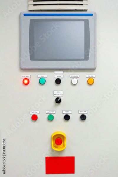 Fototapeta Electrical switchgear panel control, on plant  and process control with vintage tone with analog gauge