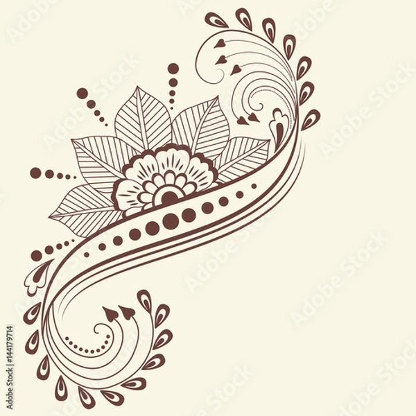 Fototapeta Vector illustration of mehndi ornament. Traditional indian style, ornamental floral elements for henna tattoo, stickers, mehndi and yoga design, cards and prints. Abstract floral vector illustration.