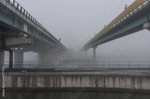 Fototapeta bridge over Vistula river in Krakow in heavy fog.