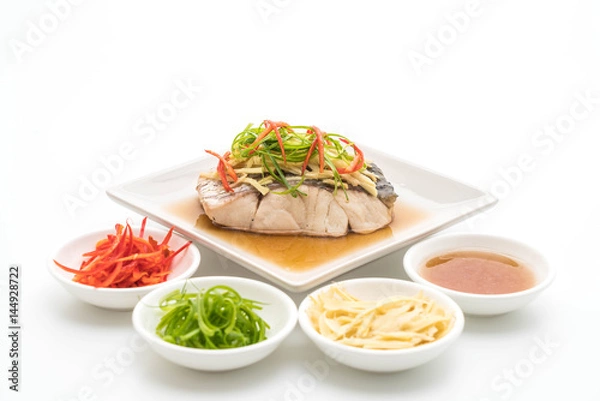 Fototapeta snapper fish steamed with soy sauce