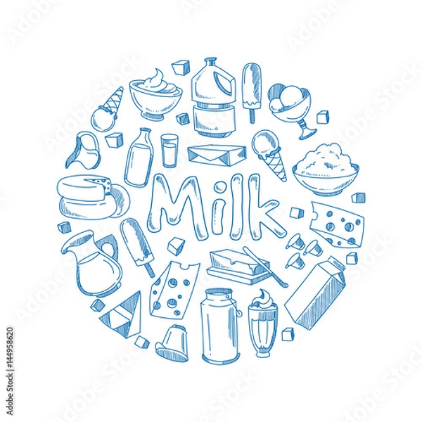 Fototapeta Sketch milk products, farm breakfast vector concept with doodle dairy icons