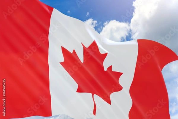 Fototapeta 3D rendering of Canada flag waving on blue sky background