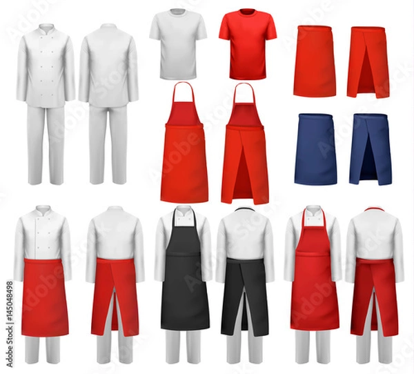 Obraz Big set of culinary clothing, white and red suits and aprons. Vector.