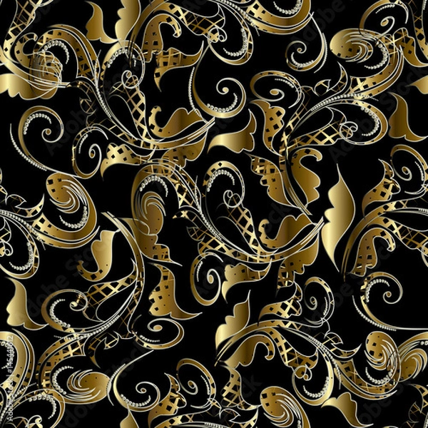 Obraz Vintage floral damask  seamless pattern. Black vector  background wallpaper illustration with  hand drawn gold 3d flowers, swirl leaves and antique ornaments in Baroque Victorian style. 