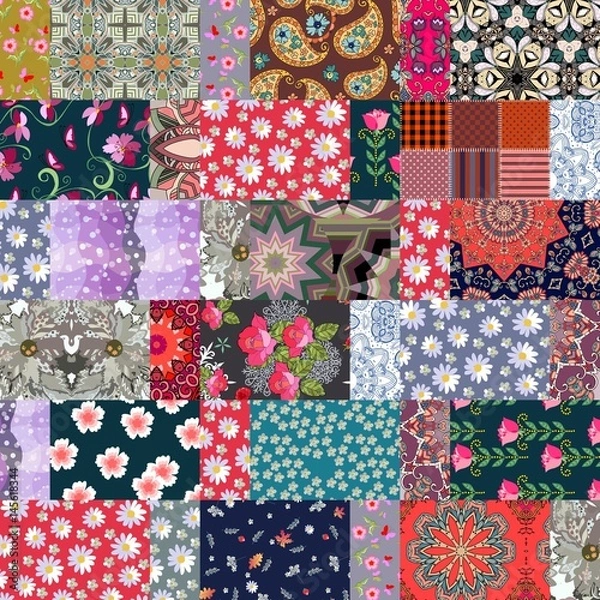 Fototapeta Hippie patchwork pattern with different flowers. Vector illustration.