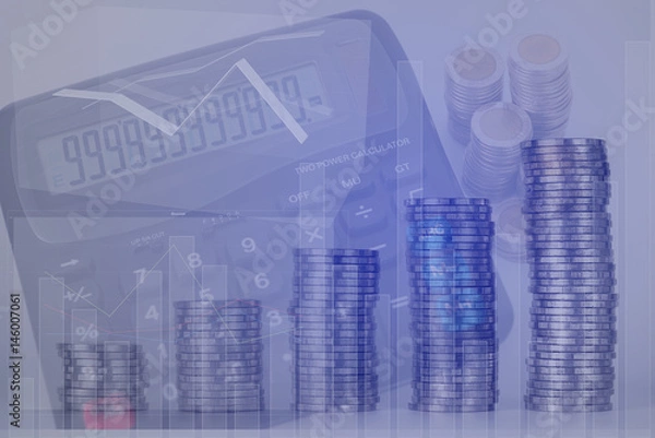 Fototapeta Double exposure of increasing columns of coins, piles of coins arranged as a graph with coins currency and calculator