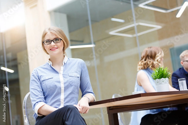 Fototapeta Beautiful stylish businesswoman with laptop sitting at bright modern office