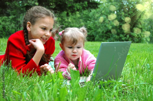 Fototapeta Happy sisters with laptop on the meadow