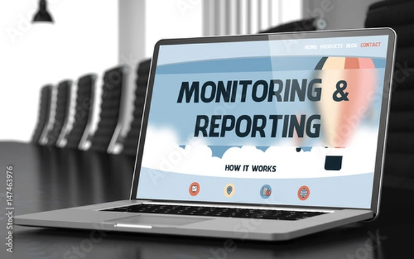 Fototapeta Monitoring and Reporting. Closeup Landing Page on Laptop Display. Modern Meeting Room Background. Blurred Image. Selective focus. 3D Render.