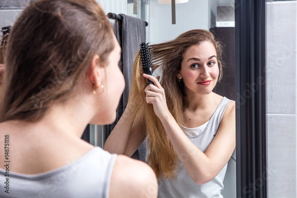 Fototapeta happy young woman brushing long hair in front of mirror