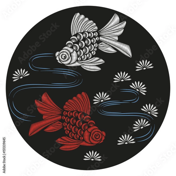 Fototapeta Embroidered red and white fish with water and flowers. Vector decorative element for embroidery, patches and stickers