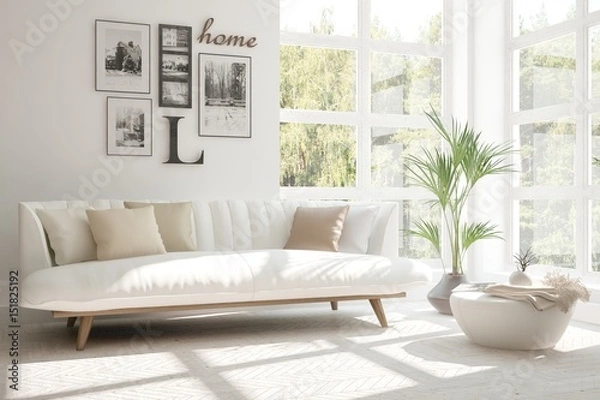 Fototapeta White room with sofa and green landscape in window. Scandinavian interior design. 3D illustration