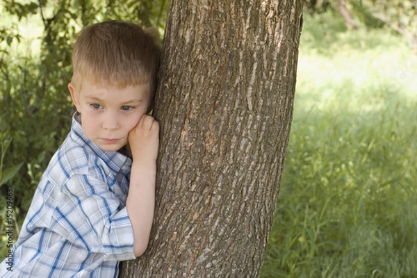 Fototapeta care for nature - little boy embrace a tree