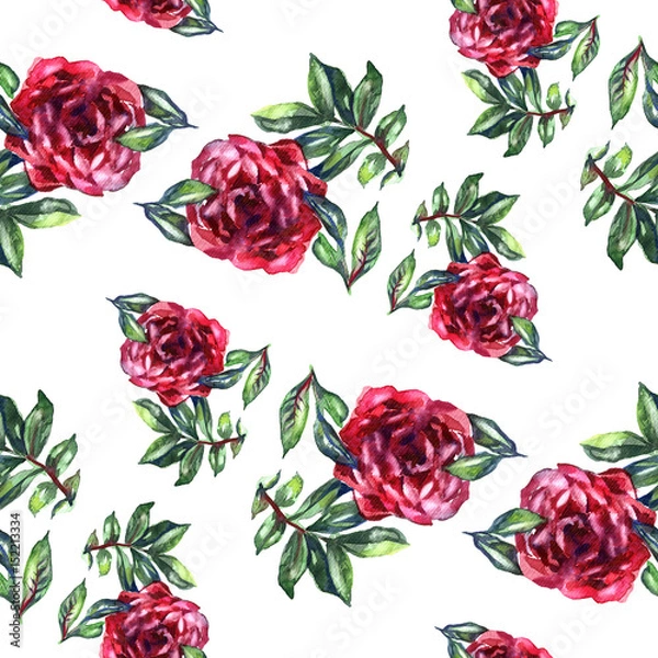 Fototapeta Pattern with watercolor realistic rose, peony and butterflies. Illustration.