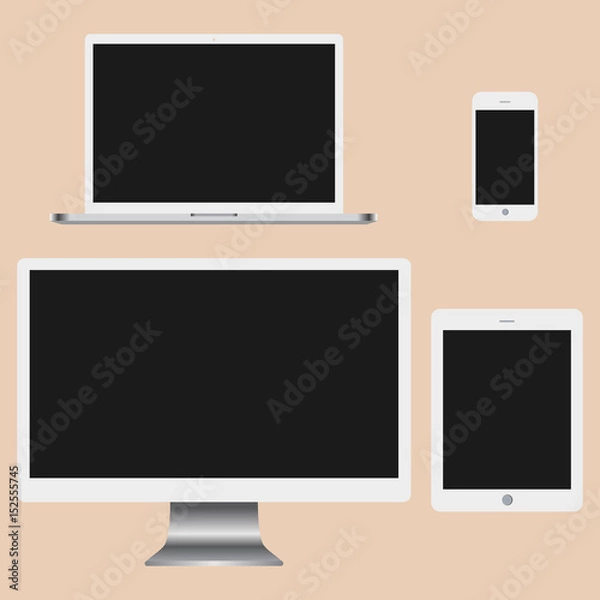 Fototapeta Set of realistic computer monitor, laptop, tablets and mobile phone. Electronic gadgets