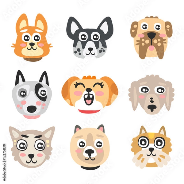 Fototapeta Set of funny cartoon dogs heads. Dogs of different breeds colorful character vector Illustrations