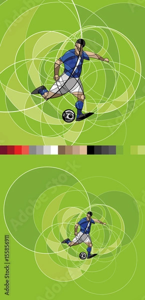 Fototapeta Abstract image of soccer or football player with ball on green background, made with circle