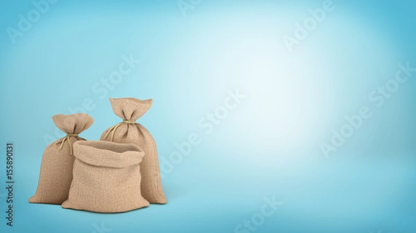 Fototapeta 3d rendering of a three money bags on blue background, two of them tied up and one open.