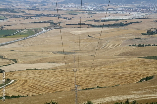 Fototapeta Red electica de alta tension sobre campos de trigo.