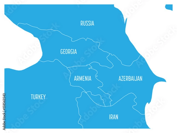 Fototapeta Map of Caucasian region with states of Georgia, Armenia, Azerbaijan, Russia Turkey and Iran. Flat blue map with white country borders and labels.