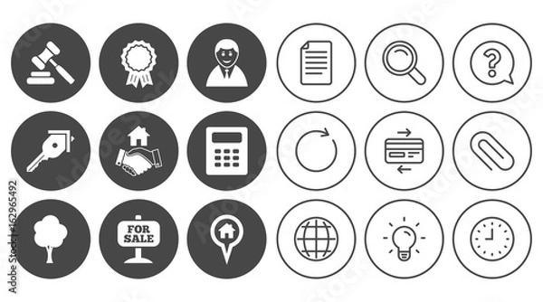 Fototapeta Real estate, auction icons. Handshake, for sale and calculator signs. Key, tree and award medal symbols. Document, Globe and Clock line signs. Lamp, Magnifier and Paper clip icons. Vector