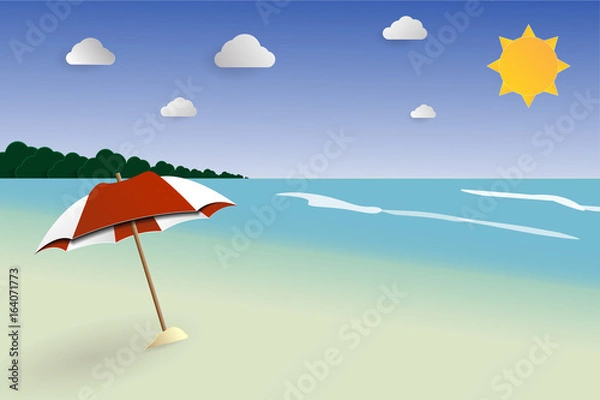 Fototapeta Beach papercut landscape vector, seascape for summer, summer vacation