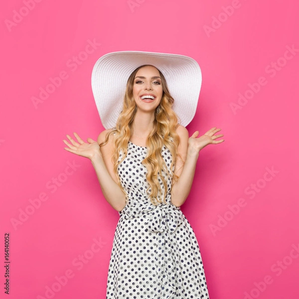 Fototapeta Happy Woman In White Sun Hat