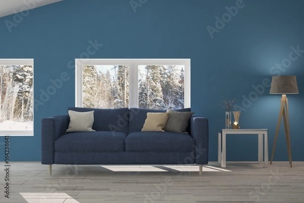 Fototapeta Inspiration of blue minimalist room with sofa. Scandinavian interior design. 3D illustration