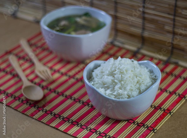 Fototapeta clear soup with pork, vegetable and rice