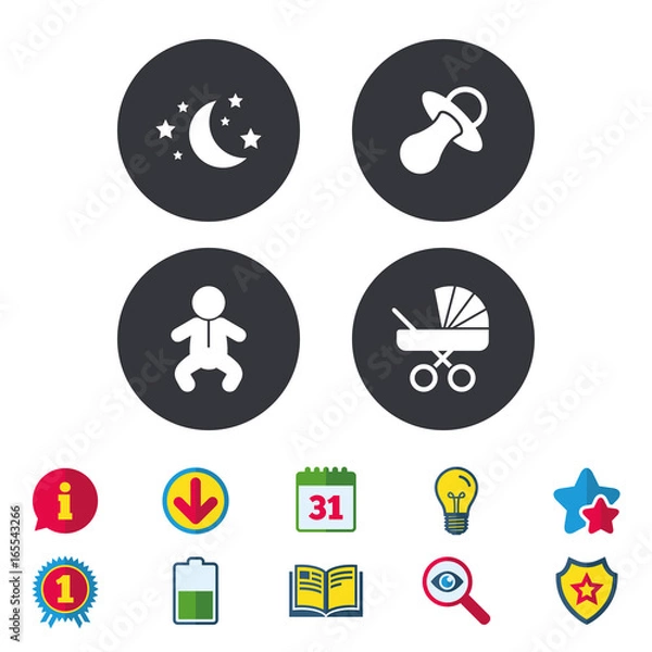 Fototapeta Moon and stars symbol. Baby infants icon. Buggy and dummy signs. Child pacifier and pram stroller. Calendar, Information and Download signs. Stars, Award and Book icons. Light bulb, Shield and Search