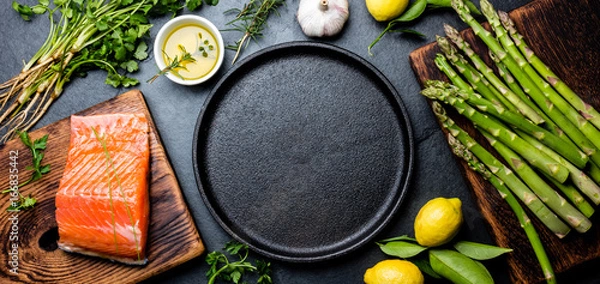 Fototapeta Raw salmon fillet, asparagus, lemons and herbs around cast iron plate. Food cooking background with copy space. Top view.