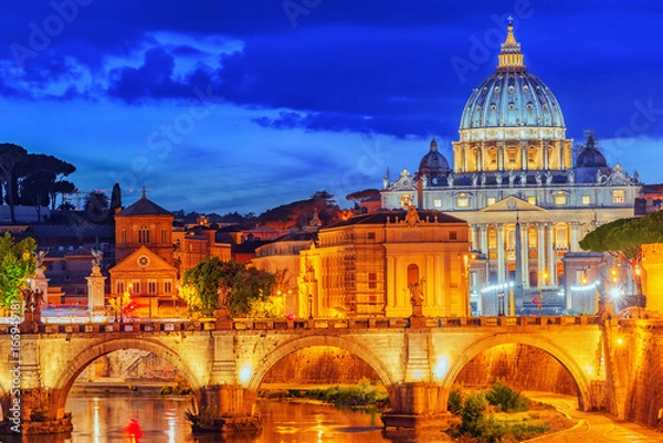 Fototapeta View on Bridge Vittorio Emanuele II (Ponte Vittorio Emanuele II) and Vatican city St. Peter's Basilica (Basilica di San Pietro) at night time. Rome. Italy.