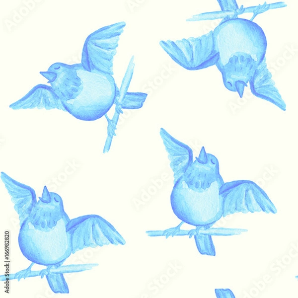 Fototapeta Subtle seamless pattern with blue titmouse. Watercolor hand drawn kids illustration. Hand drawn seamless pattern (tiling) with tomtits. Perfect for textile.