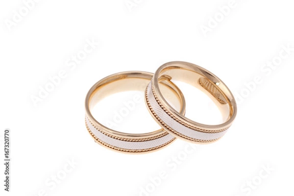 Fototapeta Golden wedding rings, isolated on white