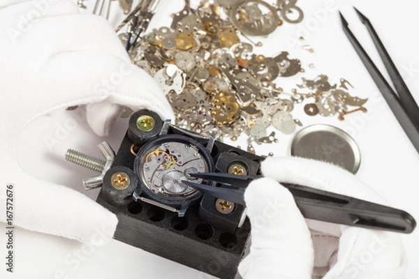 Fototapeta repairing of wristwatch with spare parts